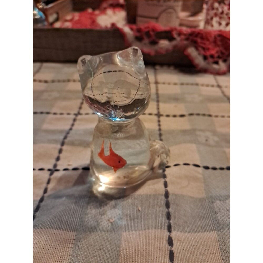 Vintage Art Glass Kitty Cat w/Fish in Belly Figurine, Paperweight, Free Ship